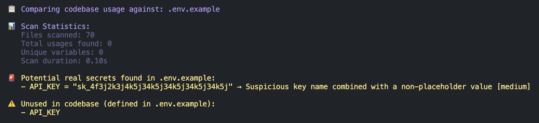 Scan report showing potential secrets